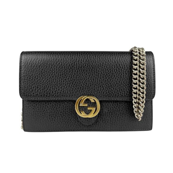 Auth GUCCI Wallet Chain Crossbody Shoulder Bag Black/Gold Leather/Metal - z3960 - Picture 1 of 12